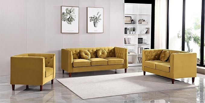Kittleson Classic Chesterfield Velvet Accent Chair with Elegant Button Tufted Backrest Square Legs High-Density Foam &amp Accent Pillows Arm Chair for Living Room Chair Yellow/Green