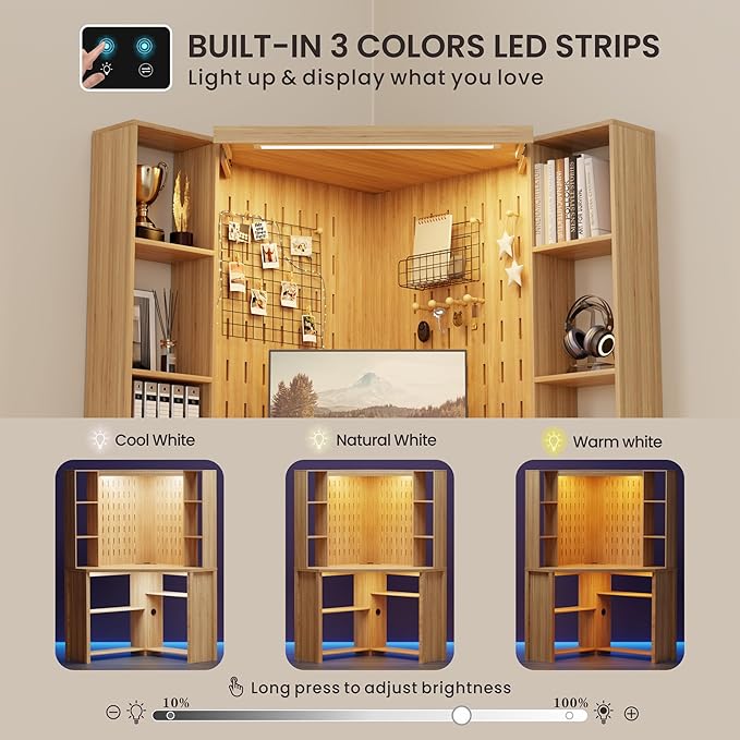 Corner Desk with - LED Reading Light L-Shaped Computer Desk w/Hutch &amp Shelves Home Office Desk w/Charging Station for Work &amp Study File Cabinet Storage Bookshelf for Small Space (Natural)
