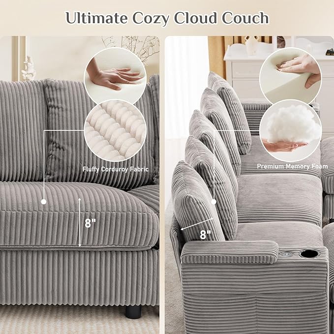 110 W x 60 D U Shape Sectional Sofa with USB Charging &amp Cup Holder &amp Storage 5 Seater Plush Corduroy Couches with Movable Ottoman Cloud Couch Sofas for Living Room DIY Combination - Light