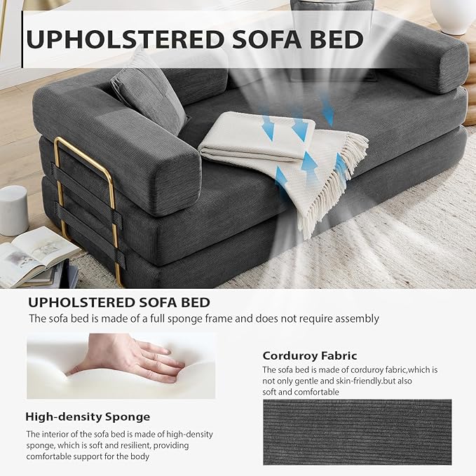 Convertible Folding Sofa Bed Modern Futon Sleeper Sofa Fold Out Couch Bed with Gold Fixed Frame Modular Floor Sofas Comfy Corduroy Boneless Couches for Living Room (78 Grey)