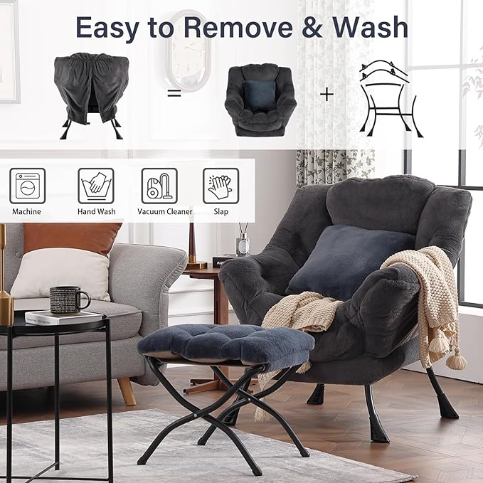 Lazy Chair with Ottoman Large Blue Gray Accent Chair with Ottoman and FA Throw Pillow Comfy Plush Reading Chair for Living Room Bedroom Dorm Room Office Apartment Relaxing Use