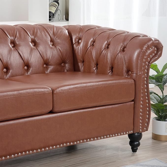 84.65''Chesterfield Sofa Mid Century Modern Tufted Sofas with Rolled Arms and Nailhead 3-Seat Upholstered Leather Sofa Couch with Solid Wood Legs for Living Room Office Brown PU