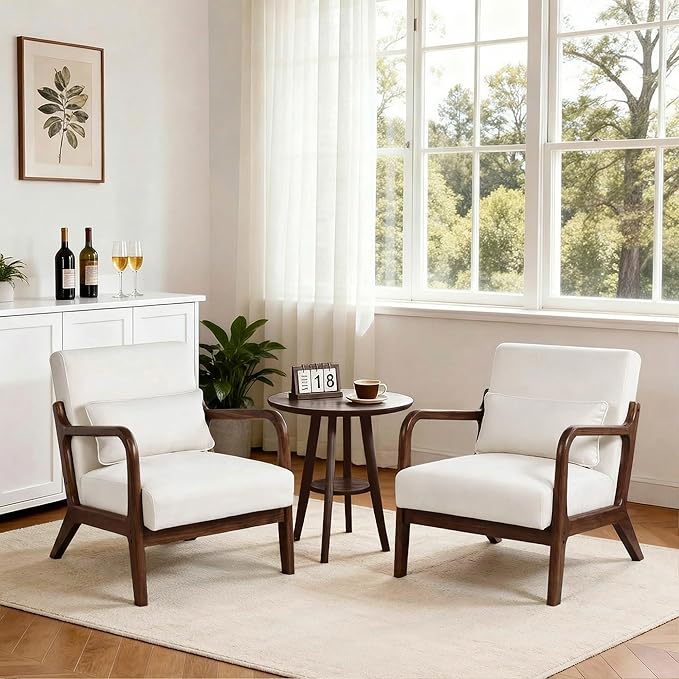 Mid Century Accent Chair Comfy Arm Chair with Solid Wood Frame Upholstered Modern Chair for Living Room Bedroom Waiting Room Beige