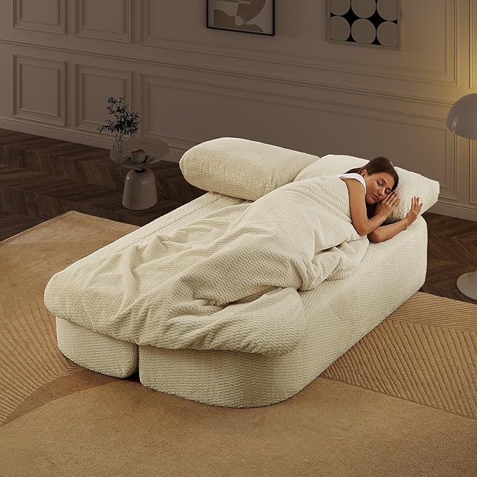 Convertible Folding Sofa Bed 75 Futon Floor Couch Modular Sleeper Loveseat Sectional Couches Boneless Cloud Plush Fluffy Fabric for Living Room Guest Room No Assembly Required Beige