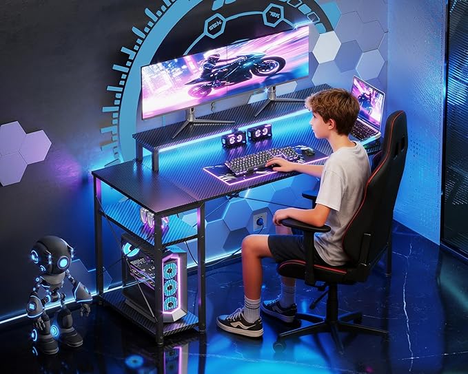 MOTPK 48 Inch Gaming Desk with Storage &amp Led Lights Computer Desk with Shelf Reversible Gamer Desk with Monitor Stand Carbon Fiber Texture Black