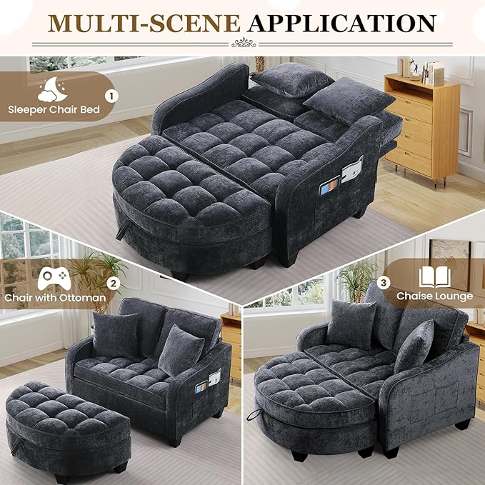 Oversized Chair and A Half Chenille Tufting Accent Cozy Reading Sofa Chair with Storage Ottoman Upholstered Loveseat Chaise Lounge Sofa with Adjustable Back for Living Room Office Sunroom Black