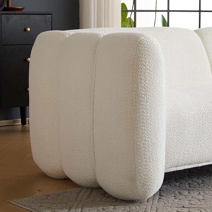 Christopher Knight Home Carine 83‘’ Sofa Couch Cozy Boucle Fabric Upholstered 3-Seater Seating Sofa Comfy Couches for Living Room and Office Modern Oversized Loveseat Curved Wave Design White