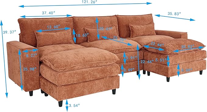 U Shaped Modular Cloud Couch Convertible Sectional Couches Sofa with 2 Ottoman 3 Seater Modular Sectional Deep Seat Sofa for Living Room Apartment Orange Brown