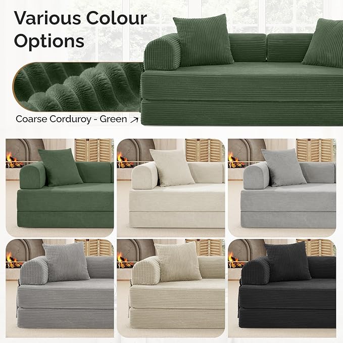 Convertible Coarser Corduroy Sleeper Sofa Bed with Cylindrical Pillow Folding Mattress Couch with Fixed-Shape Frame Floor Sofa Lounge Couch for Living Room Bedroom Lounge Studio Green