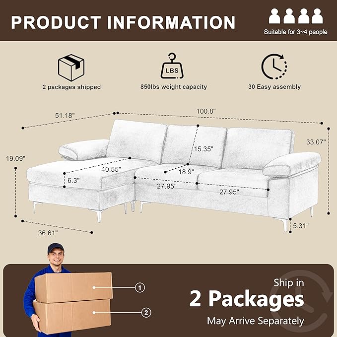 100.8''Sectional Couches for Living Room L Shaped Couch Faux Leather Couch Modular Sofa with Chaise and Back Cushions for BedroomApartment(Brown 100.8'')