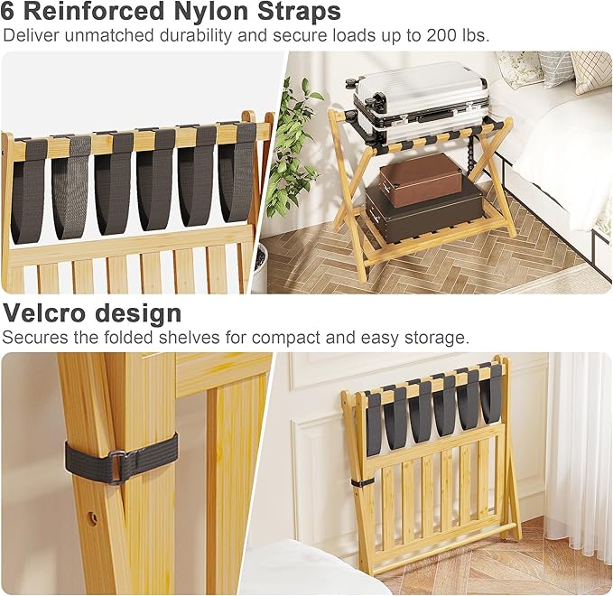 2 Pack Bamboo Luggage Rack for Guest Room 26.77 Folding Wide Suitcase Stand with Storage Shelf Thickened Luggage Stand Holder for Bedroom Hotel Luggage Rack for Suitcases (Natural)