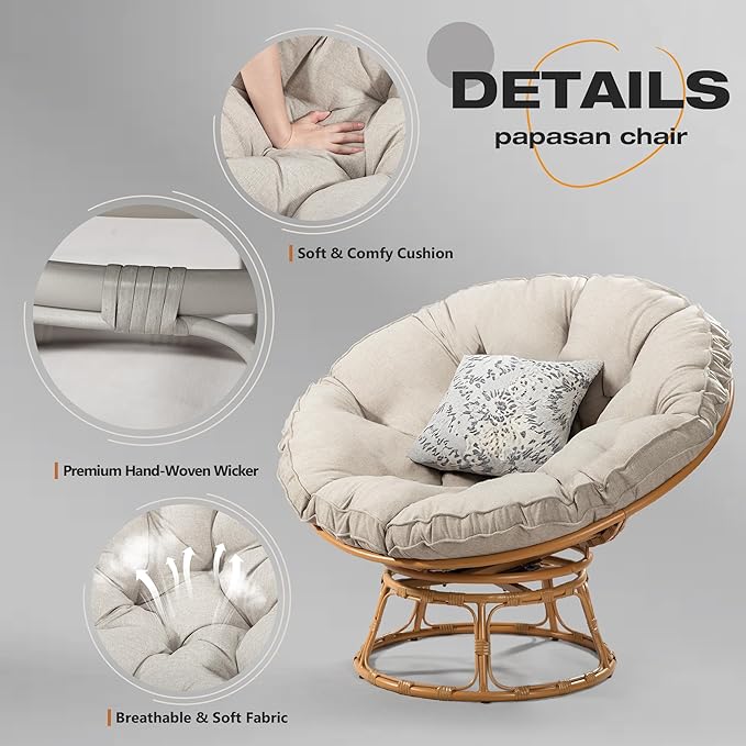 41 Papasan Chair with Cushion and 360 Degree Swivel Base Papasan Lounge Chair with Cushion and Sturdy Frame Large Saucer Chair Circle Chair Round Chair Bronze/Beige