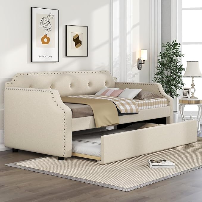 Beige Upholstered Daybed with Trundle Twin Size French Country Style Wood Slat Support Sofa Bed for Guest Room or Living Space