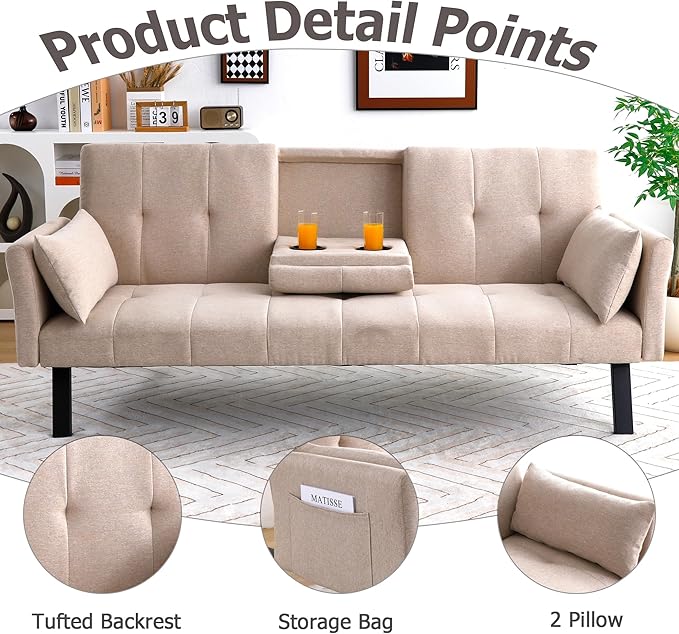 70 Futon Sofa with CupholdersAdjustable Backrest Cotton Linen with Cup Holders and 2 Throw Pillows Sleeper Sofa for Living Room Apartment Small Space (Beige)