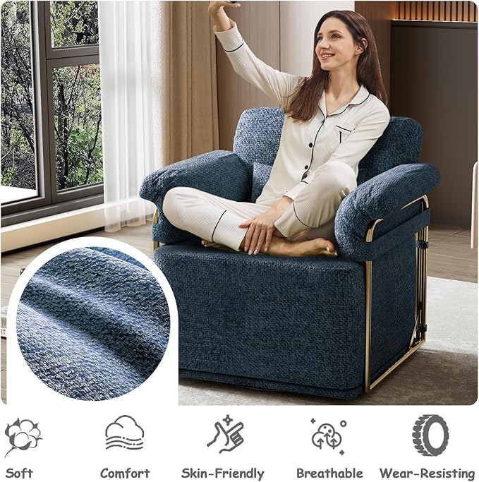 Swivel Accent Chairs 360 Swivel arm Chairs for Bedroom Club Chair with Back Gold Frame Tall Base for Office and Living Room (Blue)