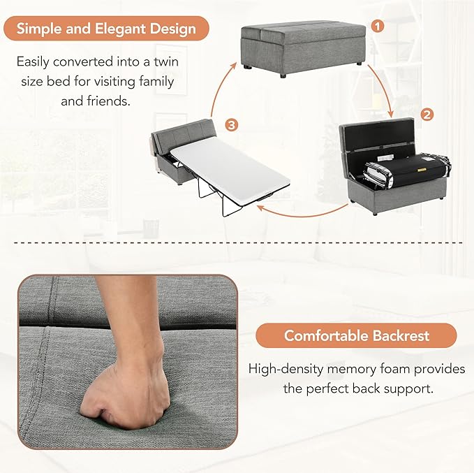 Folding Ottoman Sleeper Bed with Mattress Wood Legs and Chenille Fabric Convertible Chair into Sofa Bed Pull Out Ottoman Lounge for Small Space (Dark Gray * 9)