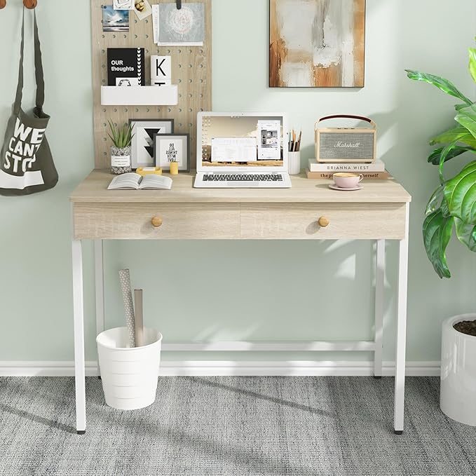 Weehom Computer Desk with Drawers Home Office Desk for Writing Studying and Gaming - Sturdy and Spacious Workstation for PC and Laptop(Beige)