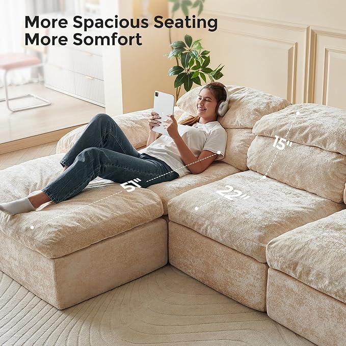 115.7 L Shaped Modular Sectional Sofa with Ottoman Cloud Boneless Couch Upholstered Sofa in a Box Flexible Module Combination for Living Room No Assembly Beige