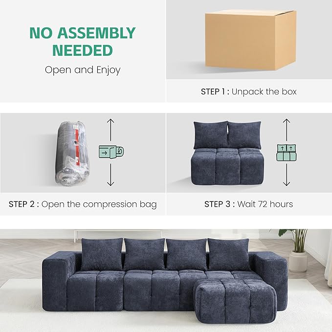 78.7 Boneless Modular Sectional Loveseat Tufted Cloud Couch with Deep Seat Chenille Sofa for Living Room Compressed Sofa No Assembly Required Blue