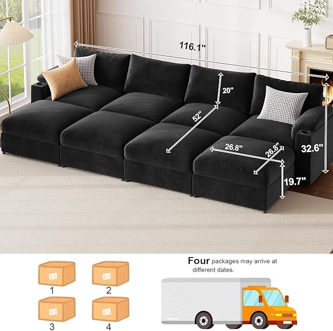 Sectional Couches for Living Room FSC Certified Velvet Modular Couch Oversized Cloud U Shaped Convertible Sleeper Sofa Chaise Detachable Armrest Cushion (Chenille Black Sleeper 8 Seat)