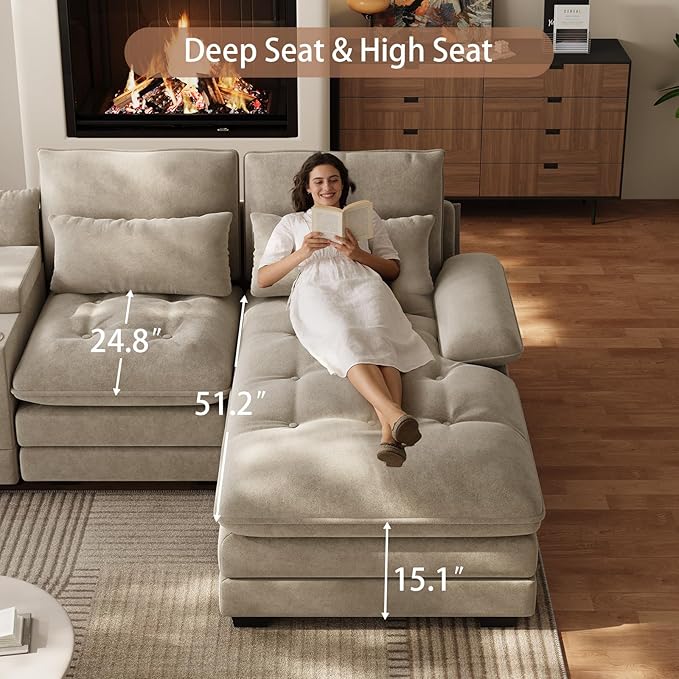 134U Shaped Sectional Couches for Living RoomOversized Modular Sectional Fluffy Couch with Chaise Lounge &amp Tufted ButtonsModern Chenille 6 Seat Living Room Sofa Set with Storage ConsoleCamel