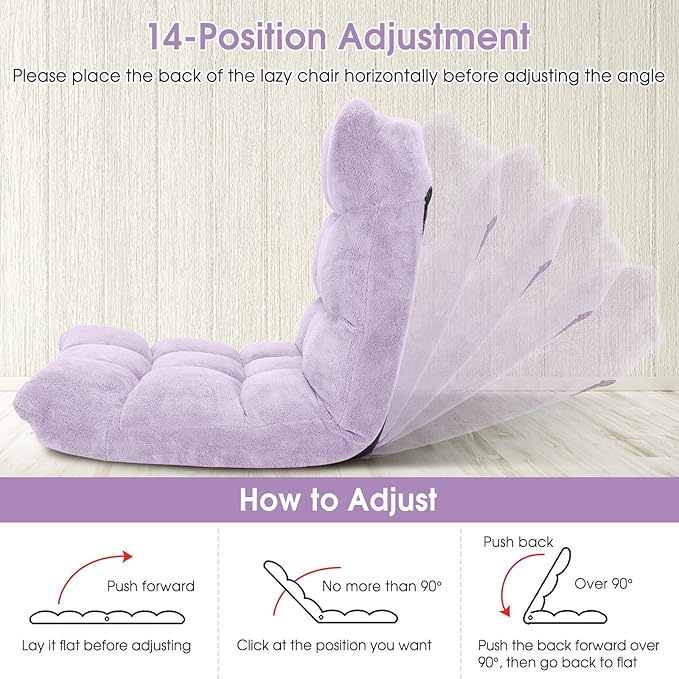 Giantex Floor Chair with Back Support 14 Adjustable Position Padded Sleeper Bed Couch Recliner Folding Gaming Floor Chairs for Adults Living Room Bedroom Yoga Meditation Light Purple