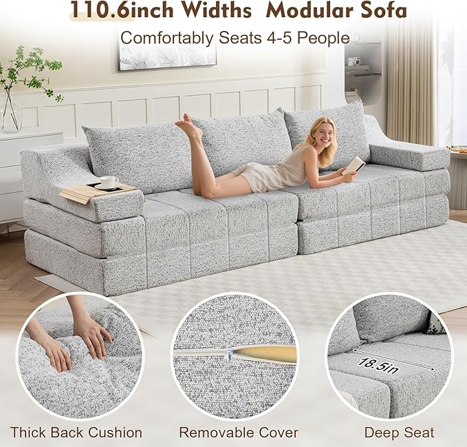 MEISSALIVVE 110.6 Convertible Sleeper Sofa Chair Folding Corduroy Armchair Adjustable Floor Sofa Bed with Removable Pillow No-Assembly Required Living Room Bedroom Apartment (Grey