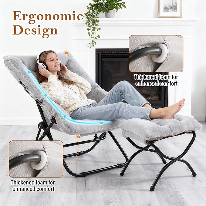 Saucer Chair with Ottoman Oversized Foldable Faux Fur Chair X-Large Soft Dorm Chair Patio Study Playroom (Grey)