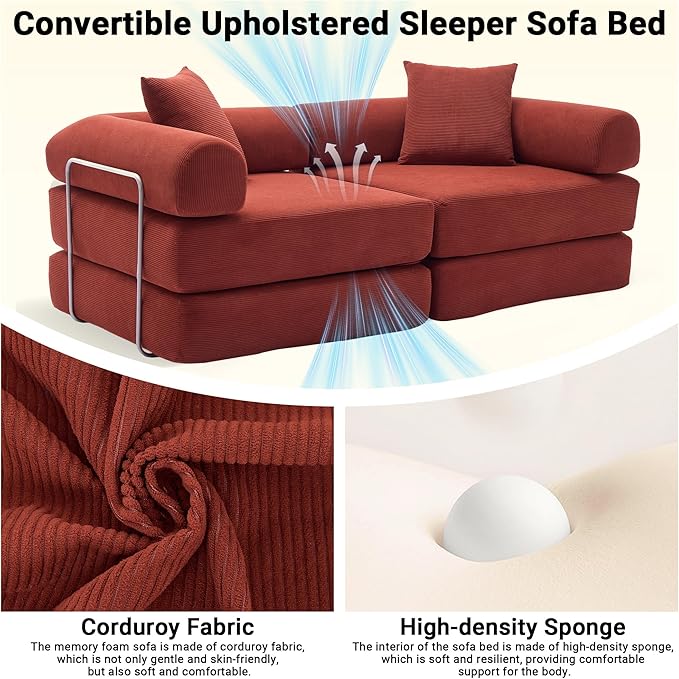 73 Convertible Sleeper Sofa Bed Corduroy Boneless Couch in a Box 4-in-1 Folding Mattress Loveseat Couch Comfy Modular Foldable Floor Sleeper Sofa with 2 Pillows and Fixed-Shape Frame (Red 73)