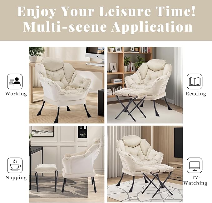 Lazy Chair with Ottoman Comfy Accent Lounge Chair with Side Pocket Modern Reading Armchair with Footrest Upholstered Sofa Chair for Small Spaces Bedroom Living Room Dorm Beige