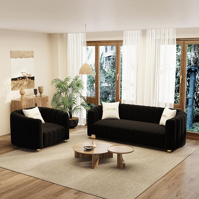 Modern Velvet Sofa Couch for Living Room 42 Comfy Upholstered Sofa Chair with Gold Metal Legs &amp Pillow Luxury Sectional Armchair Sofa for Bedroom Office Apartment Black
