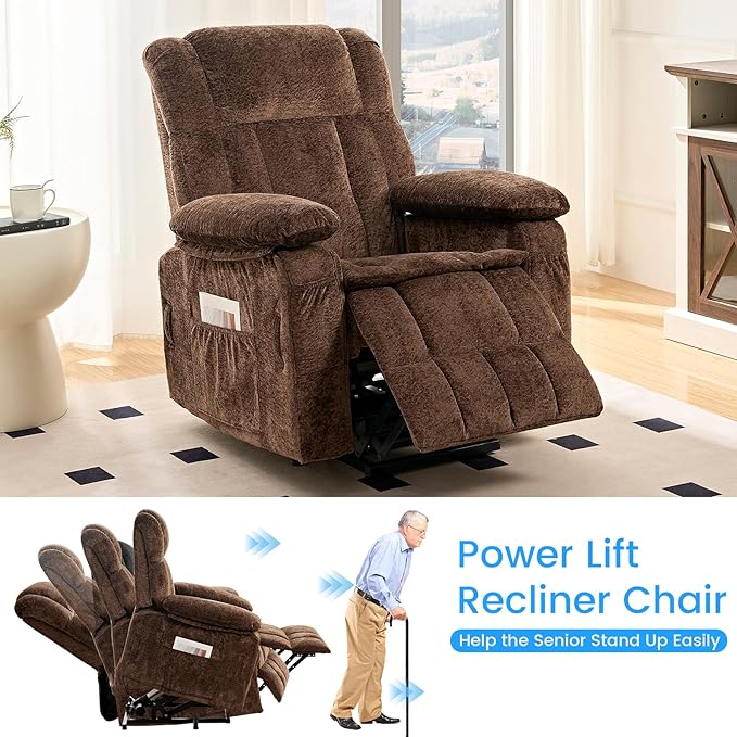 PUREMIND Power Lift Recliner Chair for Elderly Dual Motor Electric Recliner with Massage and Heat Ergonomic Massage Chairs with Side Pocket &amp Remote - Velvet Fabric Strong Support Brown