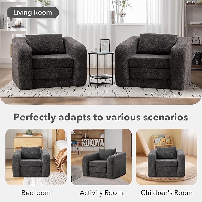 Convertible Sofa Bed Chenille Upholstered Pull Out Sofa Bed with Pillows 2-in-1 Sofa Chair with Minimalist Design Comfy Folding Mattress Couch for Apartment (Gray Single Sofa Bed)