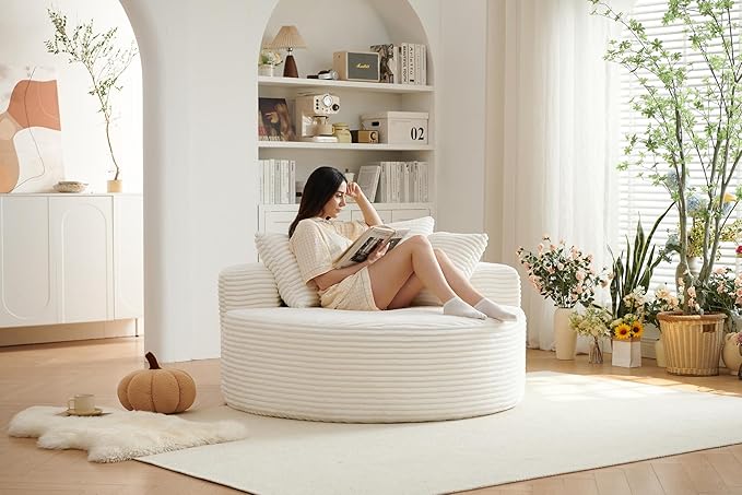 55''L Oversized Round Chaise Longue Chair Indoor Corduroy Sponge Single Sofa Oversized Round Chairs Modern Sleeper Chair for Living RoomProjection Room Wide Armrest Chairs Beige