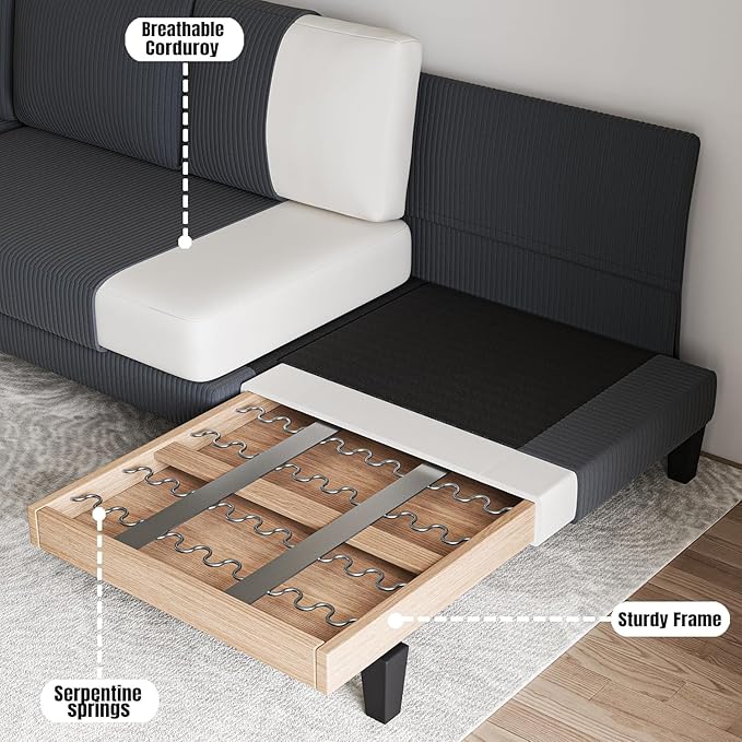 112'' Corduroy U Shaped Couch with Sleeper Lounge Chaise 4 Seat Modern Comfy Sectional Sofa Couches for Living Room Spacious Space Apartment Office (112'' Corduroy Gray)