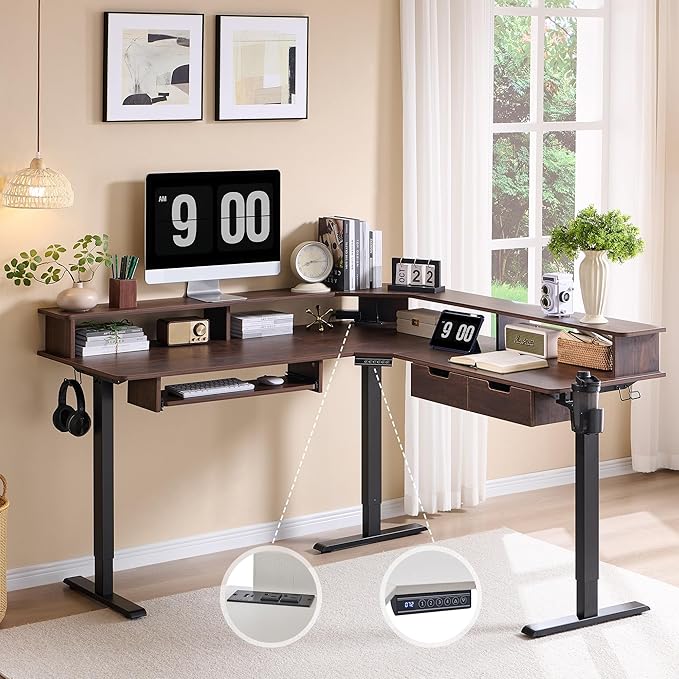 RedLemon L-Shaped Electric Standing Desk 60 inches Motor Height Adjustable Sit Stand Corner Desk with Led Large Home Office Desk Computer Workstation Dark Walnut