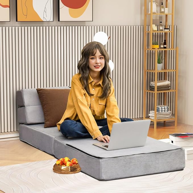 RELAX4LIFE Folding Sofa Bed Chair - 3-in-1 Convertible Couch Sleeper Floor Futon Couch w/Removable Cover &amp Full Padded Foam Fabric Guest Sleeper Chair for Living Room Study Apartment (Grey)