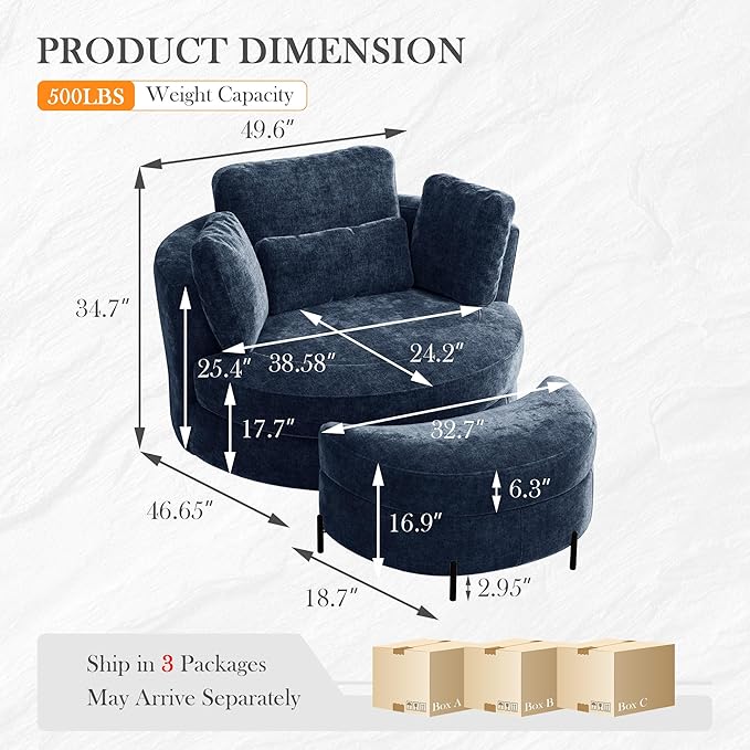 Aoiy &amp Wifon 50'' W Oversized Swivel Barrel Chair with Storage Ottoman Navy Round Swivel Accent Chair with Half Moon Ottoman for Living Room Deep Seat &amp Extra Wide Chenille