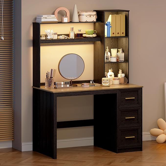 LVSOMT 40” Home Office Desk with Hutch and Drawers Computer Desk with Power Outlets and LED Light Study Writing Gaming Table with Storage Shelves Workstation for Bedroom Black
