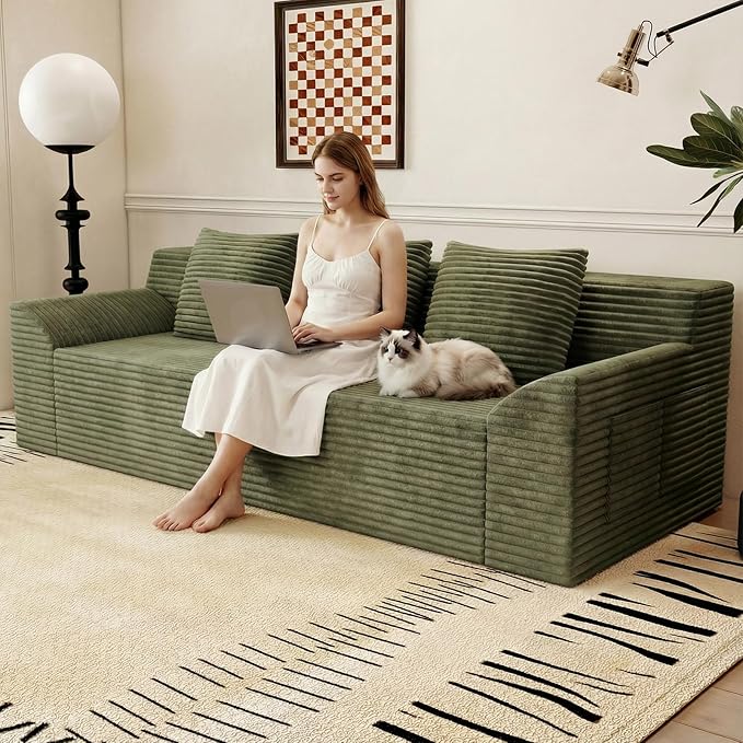 71 Love Seat Couches Corduroy Boneless Loveseat with Deep Seats 2 Seat Couch Apartment Size Couch with 3 Pillows&ampSide Pockets for Bedroom Office No Assembly Required Green