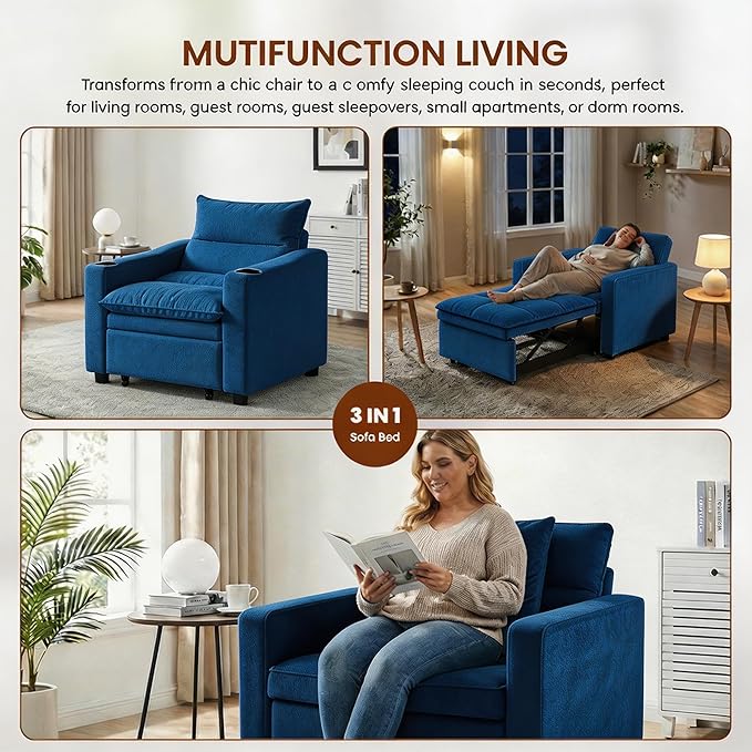 Casaphoria Convertible Sleeper Chair 66.54 Futon Sofa Bed Single Sleeper Sofa Small Couch Bed with Adjustable Backrest for College Dorm Bedroom Studio Apartment
