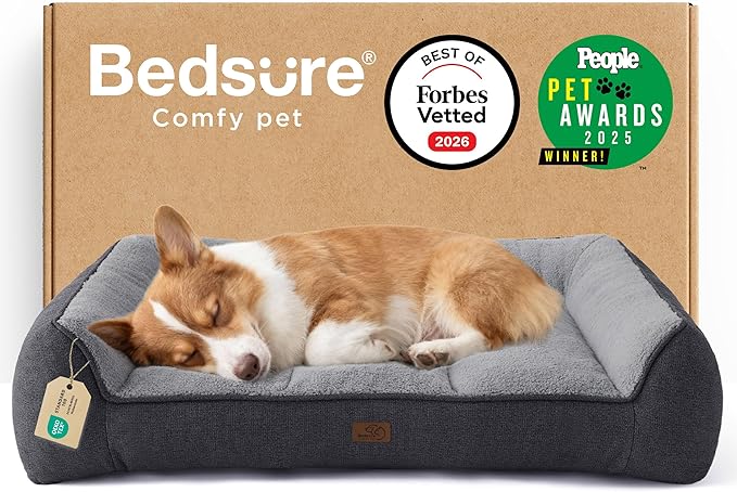 Bedsure SupportMax™ Orthopedic Dog Bed Medium Size Dog - As Seen on TV Extra Thick Supportive Medium Dogs Beds with Waterproof Washable Cover Comfort Pet Bed Sofa with Soft Sherpa Grey 35
