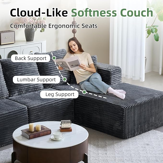 108'' Boneless Couch Sectional Boneless Couch w/Deep Seat Cloud Boneless Couches w/Stripe&amp Flannel Fabrics Boneless L Shaped Couches for Living Room Right Facing Chaise Dark Gray
