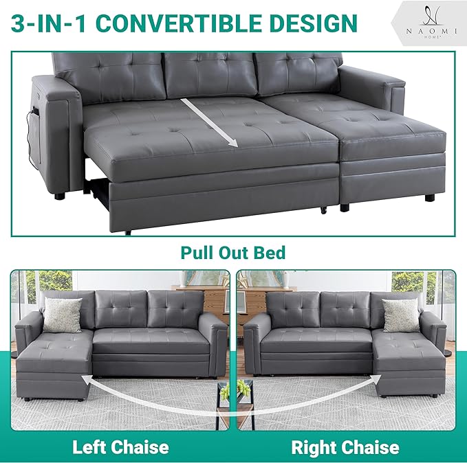 Naomi Home L-Shaped Sectional Sleeper Sofa with USB Ports - Convertible Pull-Out Bed Ample Storage Timeless Design Durable Construction Gray/Air Leather