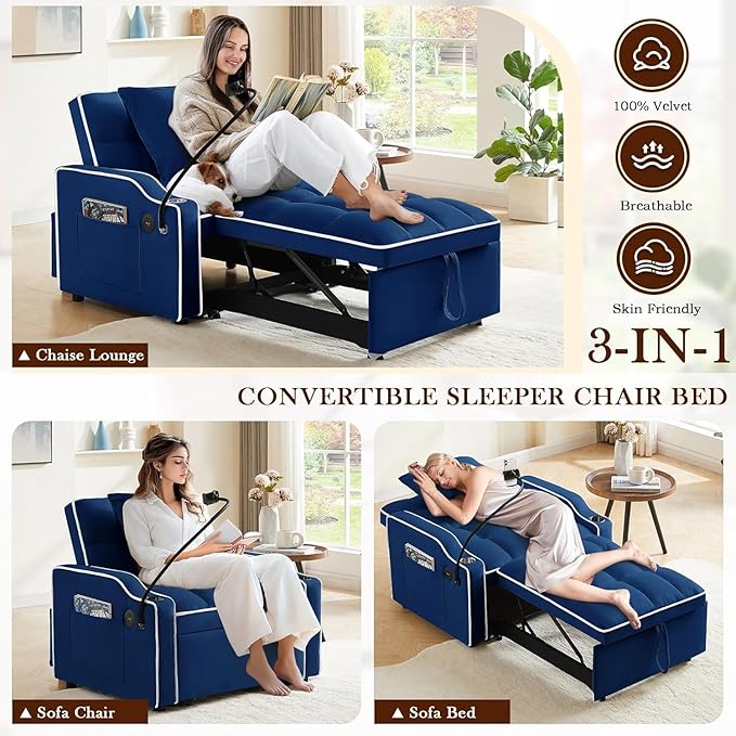 3-in-1 Convertible Sleeper Sofa Bed Chair with Cup Holders &amp Phone Holder Futon Chair Bed with Pull Out Couch Adjustable Backrest Modern Velvet Chaise Lounge Living Room Bedroom (Navy Blue 35.4