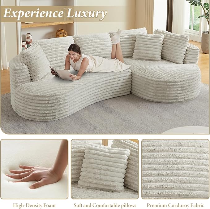 121 Modular Sectional Sofa Oversized Cloud Couch with Deep Seat L Shaped Sofa with Right Chaise Corduroy Boneless Sleeper Sofa Couch No Assembly Needed for Living Room Apartment Cream