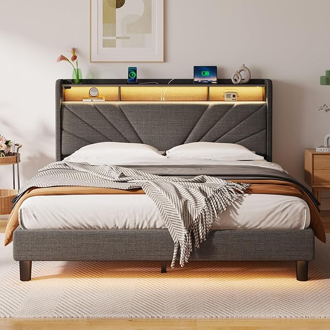 Rolanstar Queen Size Bed Frame Storage Headboard with Charging Station and LED Lights Upholstered Bed with Heavy Duty Wood Slats No Box Spring Needed Noise Free Easy Assembly Dark Grey