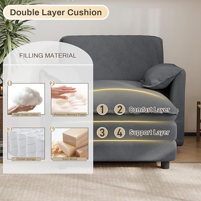 43 Oversized Chenille Single Sofa Chair Deep Seat Chaise Lounge Chair Upholstered Armchair Modern Accent Chairs for Living Room Bedroom Office Apartment Grey