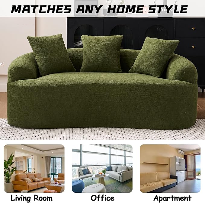 65” Green Curved Couch&amp Loveseat Sofa with 3 Pillows Compression Couch with Round Armrest Suitable for Small Space Bedroom Living Room Memory Foam Chenille No Assembly (Green)