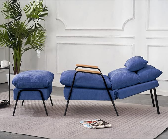MCombo Accent Recliner Chair with Ottoman Modern Fabric Armchair Upholstered Sofa Bed for Living Room Bedroom Small Space 4055 (Black Frame Blue)